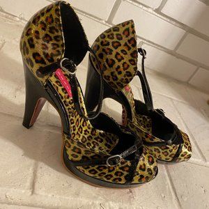 Bordello Cheetah 4.5" Heel Peep Toe Ankle Strap Red Bottom